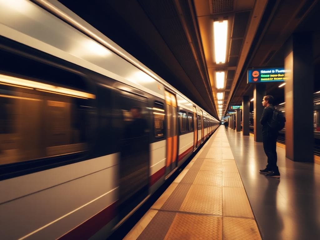 Person at subway station with train passing